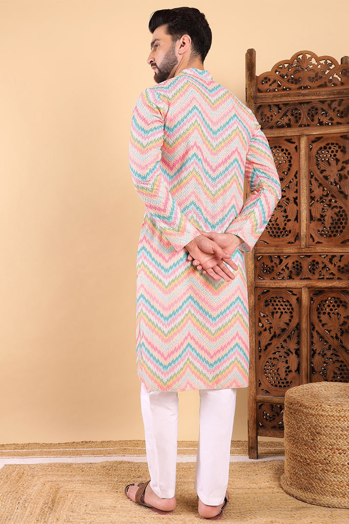 Teal Viscose Rayon Chevron Embroidered Straight Kurta For Men MKU1008TIL