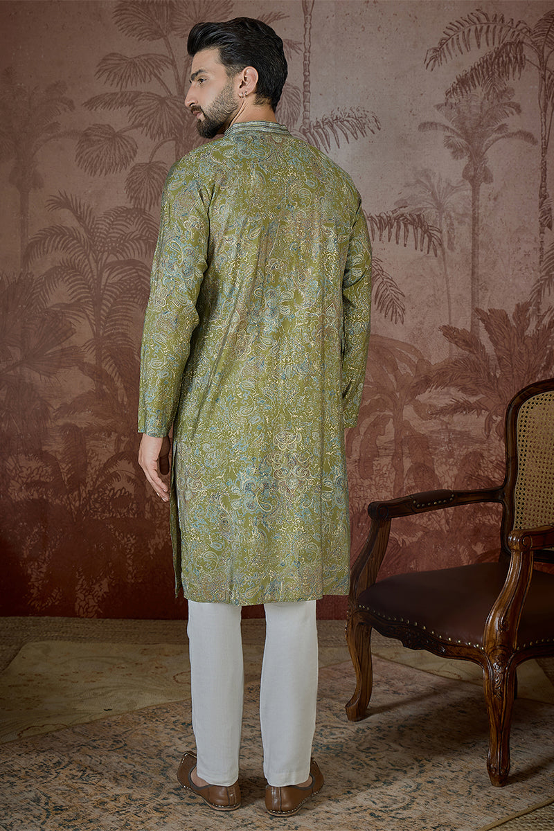 Green Silk Blend Ethnic Motifs Embroidered Kurta MKU2503