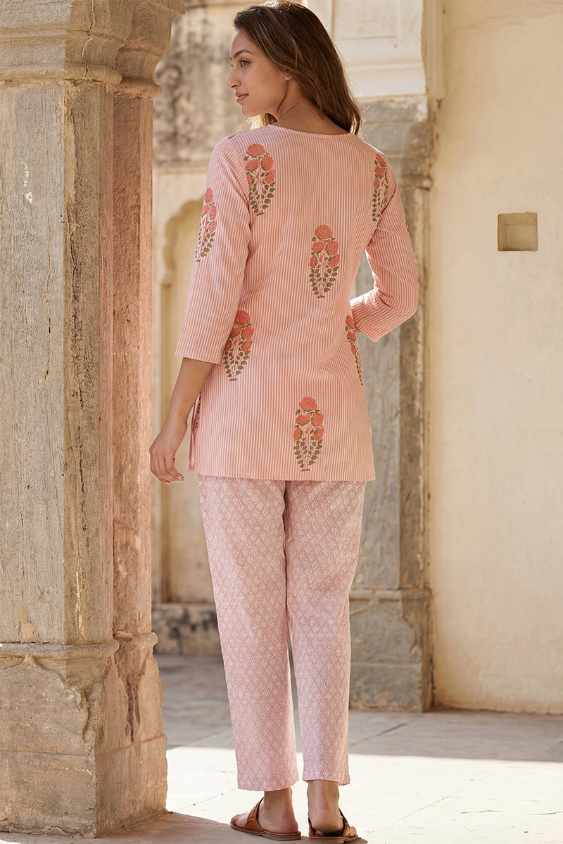Peach Cotton Striped Night Suit VNWK1054