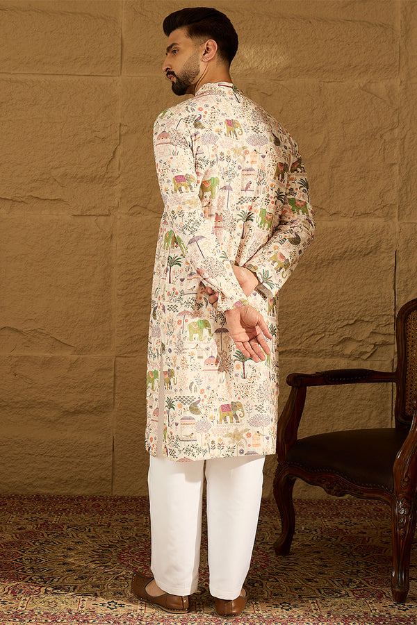 Cream Viscose Rayon Ethnic Motifs Printed Straight Kurta MKU1616