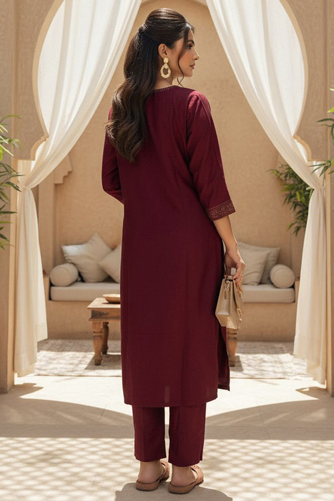Maroon Silk Blend Ethnic Motifs Stoning Straight Kurta Trouser with Dupatta SKSKD3092
