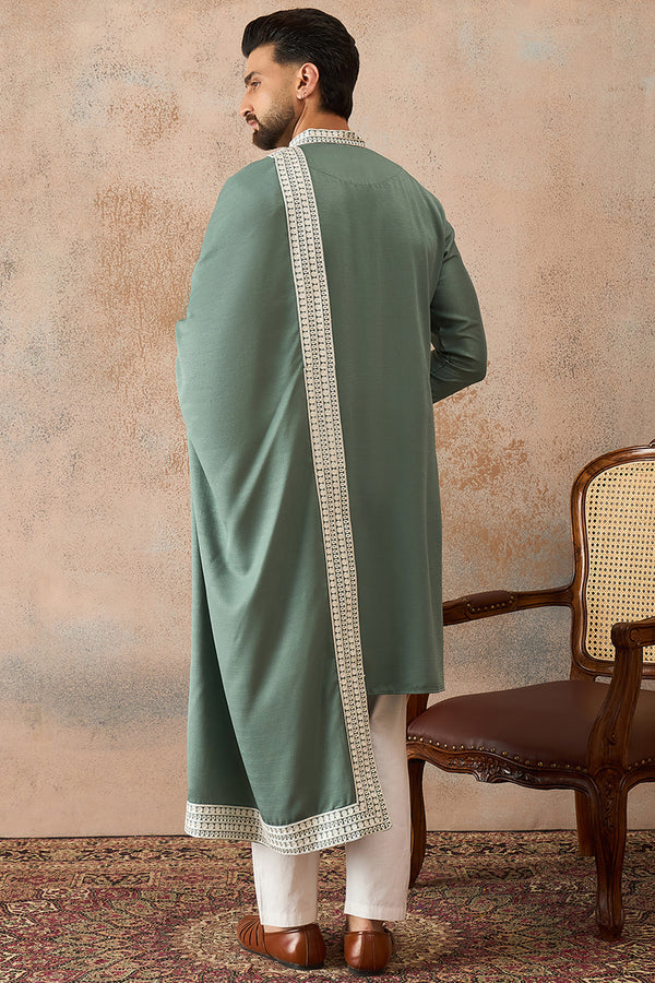Green Silk Blend Solid Embroidered Kurta With Dupatta MKUD1040