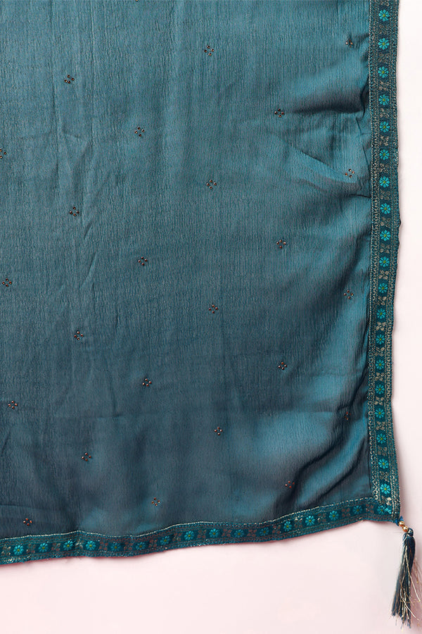 Teal Silk Blend Ethnic Motifs Woven Design Straight Suit Set PKSKD1780