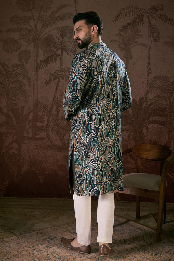 Navy Blue Silk Blend Abstract Printed Straight Kurta With Trouser MKSET1958