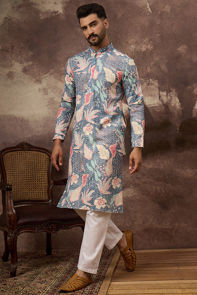 Blue Viscose Rayon Floral Embroidered Straight Kurta with Trouser MKSET1429