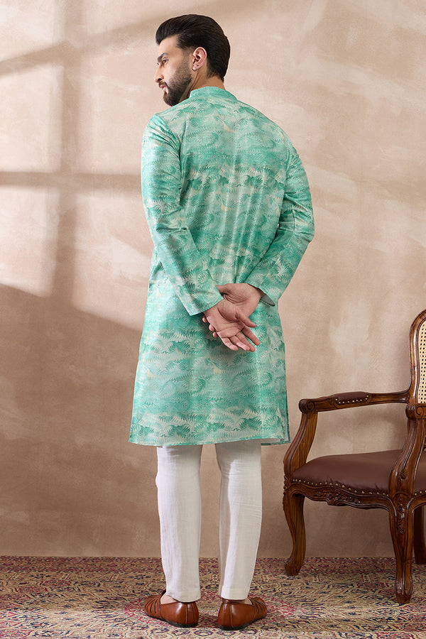 Green Silk Blend Printed Mandarin Collar Straight Kurta MKU2022