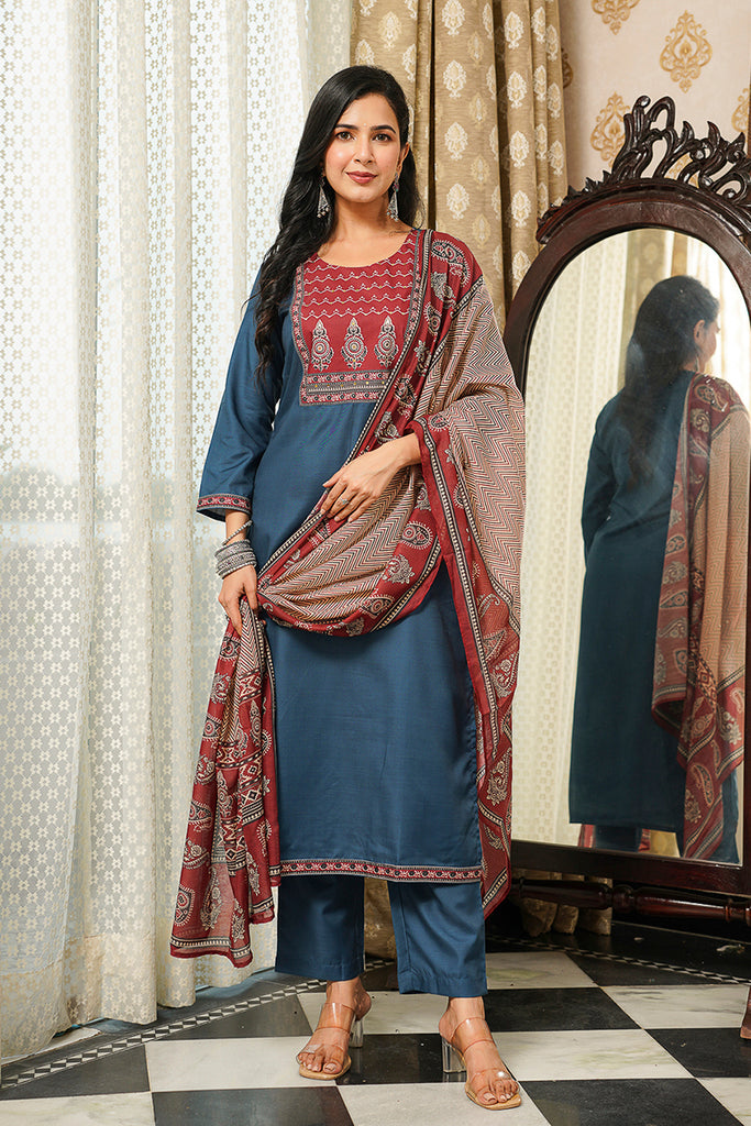 Blue Cotton Blend Ajrakh Printed Straight Kurta Trousers With Dupatta PKSKD3089