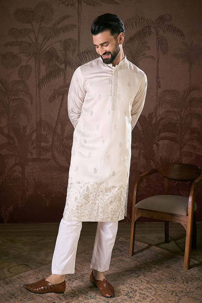 White Silk Blend Floral Embroidered Straight Kurta With Trouser MKSET1784