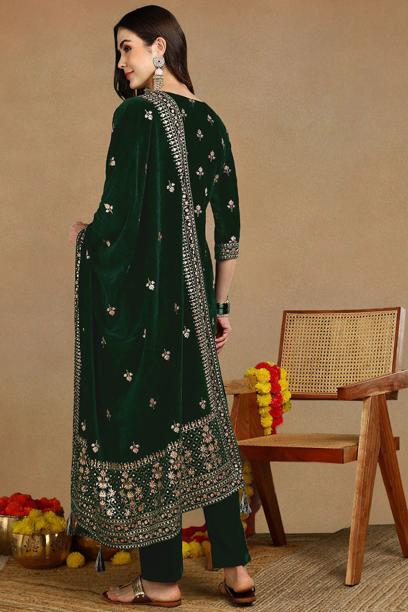 Green Velvet Ethnic Motifs Printed Straight Suit Set PKSKD2772