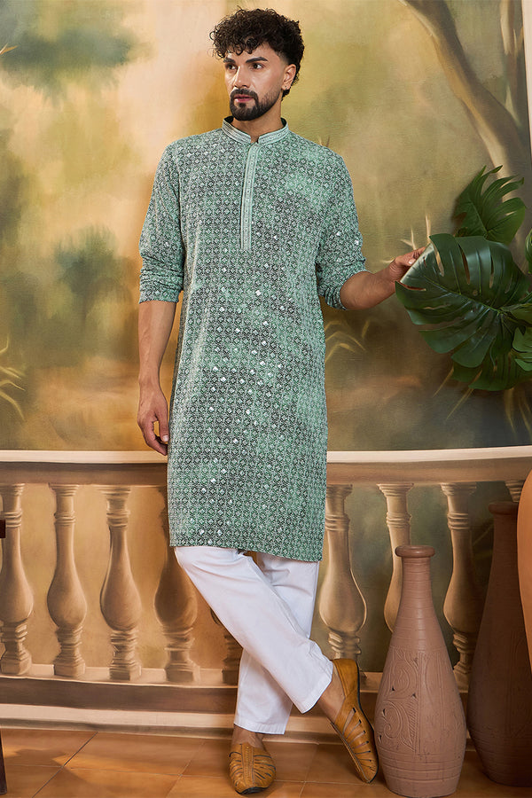 Green Viscose Rayon Shibori Embroidered Straight Kurta with Trouser MKSET1485
