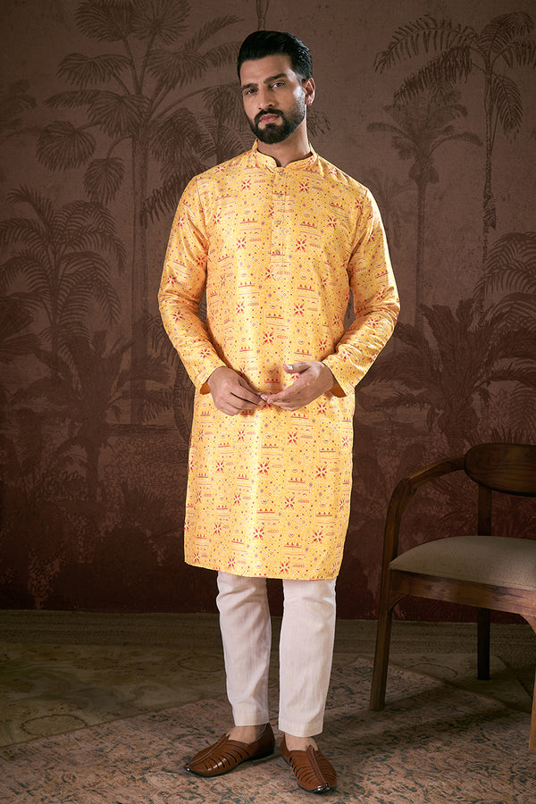 Yellow Silk Blend Ethnic Motifs Printed Straight Kurta With Trouser MKSET1936