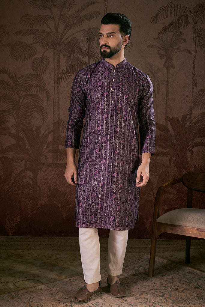 Purple Silk Blend Ethnic Motifs Printed Straight Kurta With Trouser MKSET1950