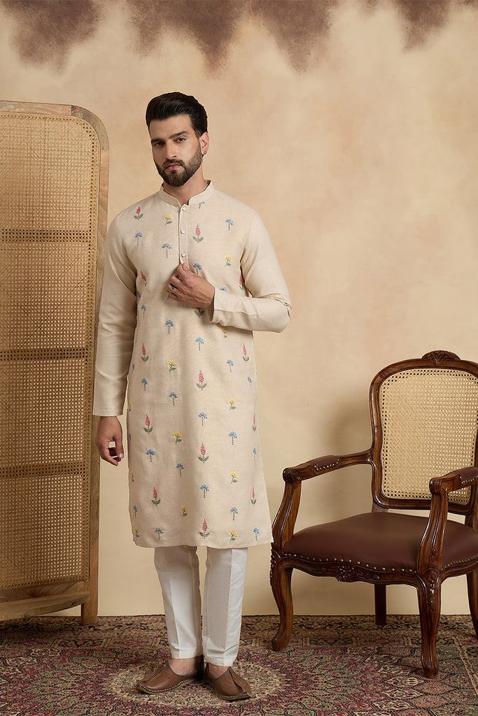 Beige Linen Solid Embroidered Thread Work Kurta With Trouser MKSET2462