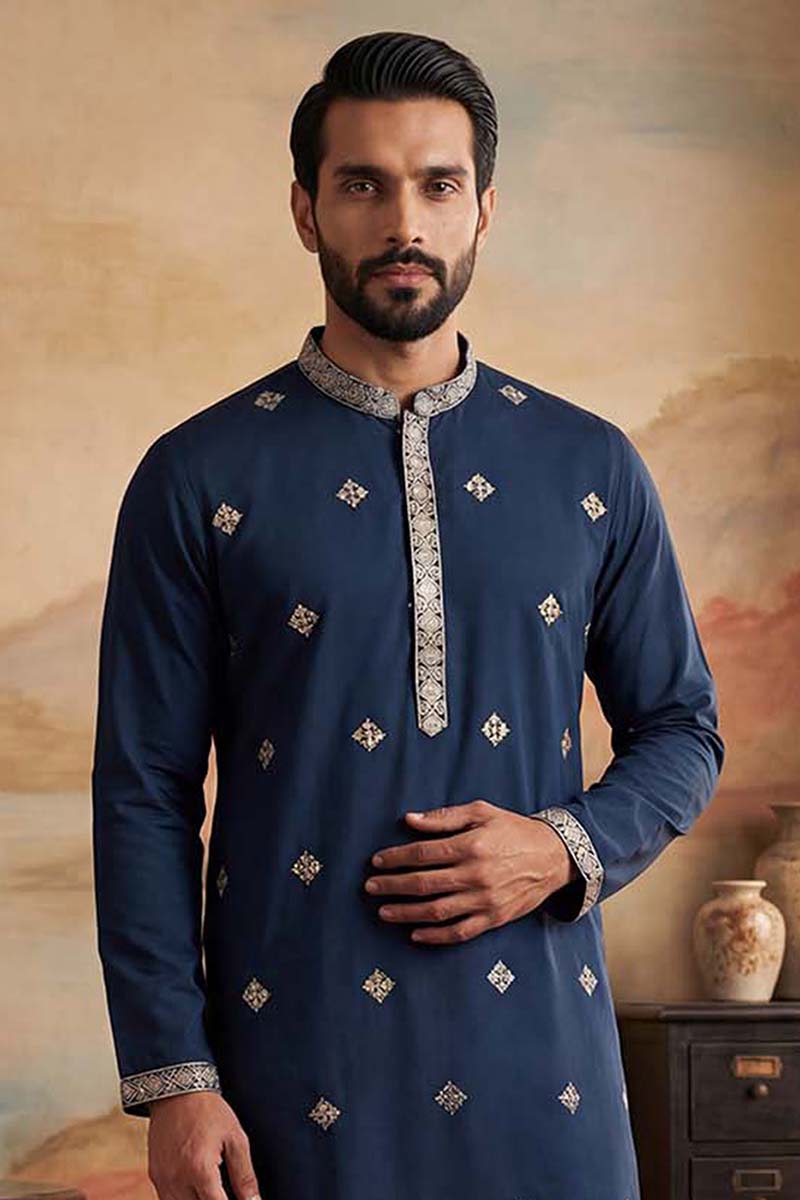 Silk Blend Blue Solid Embroidered Calf Length Straight Kurta MKU2099