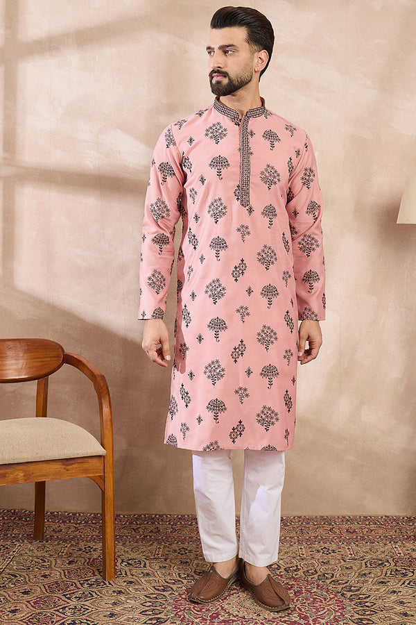 Peach Silk Blend Solid Embroidered Straight Kurta MKU1804