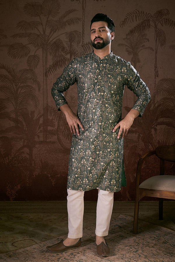 Olive Silk Blend Floral Printed Straight Kurta MKU1911