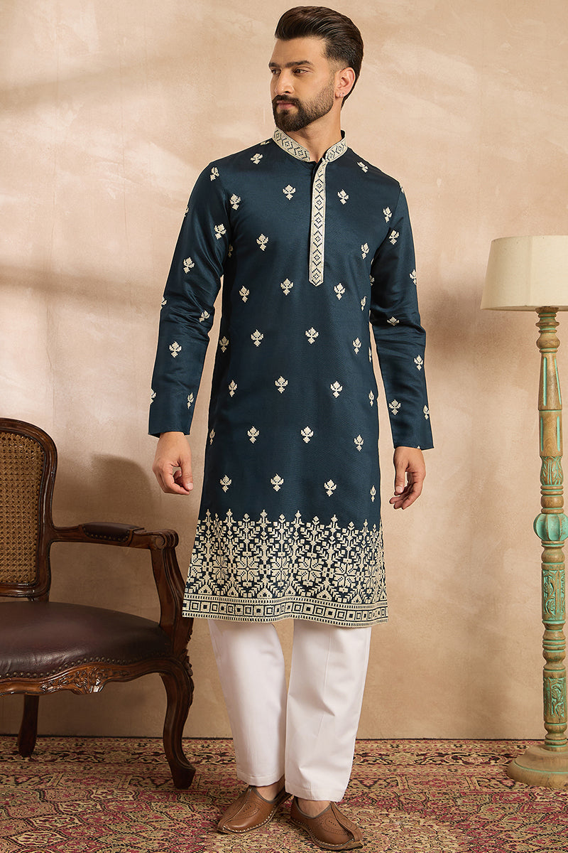 Navy Blue Polyester Solid Embroidered Straight Kurta MKU1810