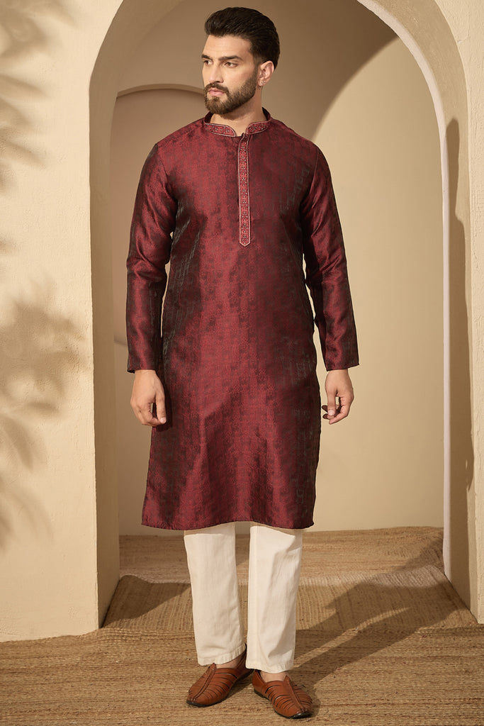 Maroon Jacquard Solid Embroidered Mandarin Collar Kurta With Trouser MKSET2744