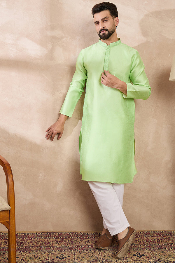 Green Silk Blend Solid Embroidered Straight Kurta With Trouser MKSET1727