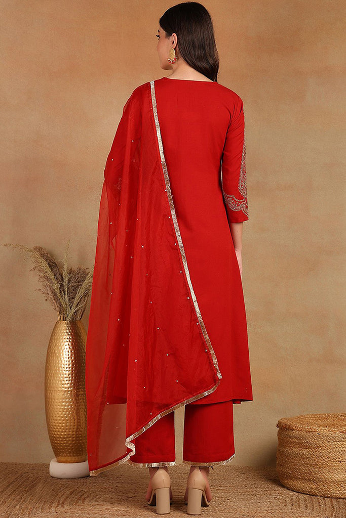 Red Silk Blend Embroidered A-Line Kurta Trouser With Dupatta HOPPKSKD2535RED