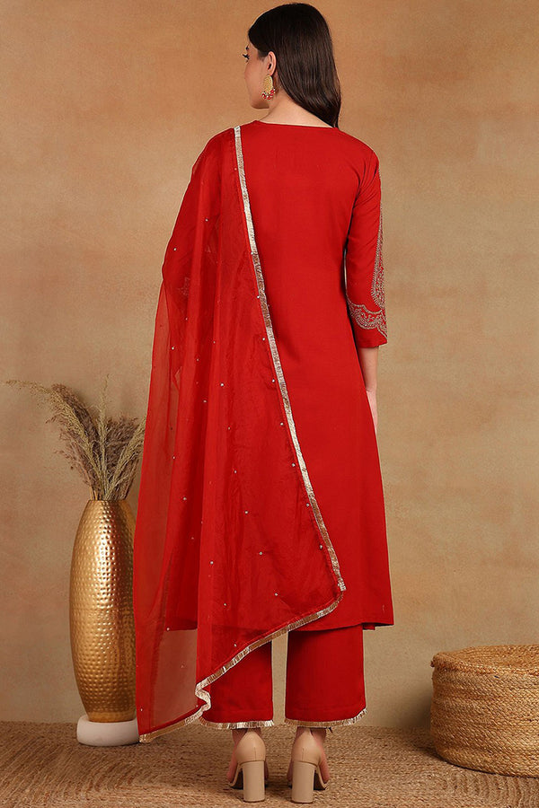 Red Silk Blend Embroidered A-Line Kurta Trouser With Dupatta HOPPKSKD2535RED
