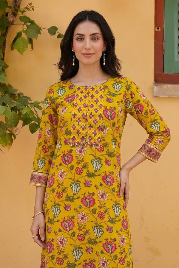 Rayon Yellow Floral Digital Printed Regular Kurta VCK9820