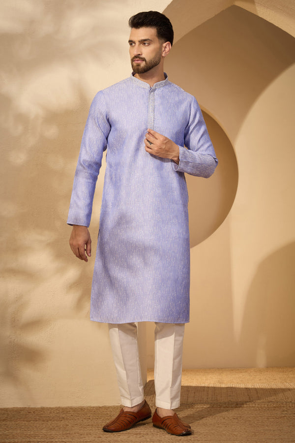 Blue Jacquard Woven Design Mandarin Collar Kurta MKU2777