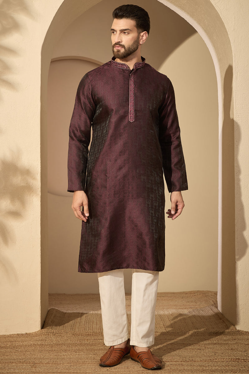 Purple Jacquard Solid Embroidered Mandarin Collar Kurta With Trouser MKSET2753