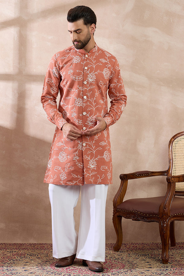 Peach Viscose Rayon Embroidered Mandarin Collar Straight Kurta With Trouser MKSET1989