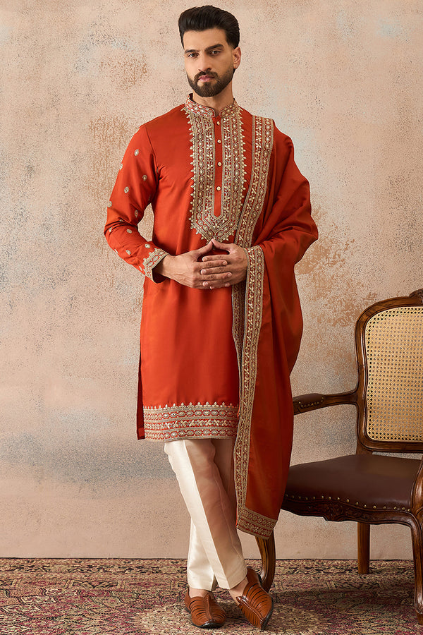 Orange Silk Blend Solid Embroidered Kurta And Trouser With Dupatta MKPD1028