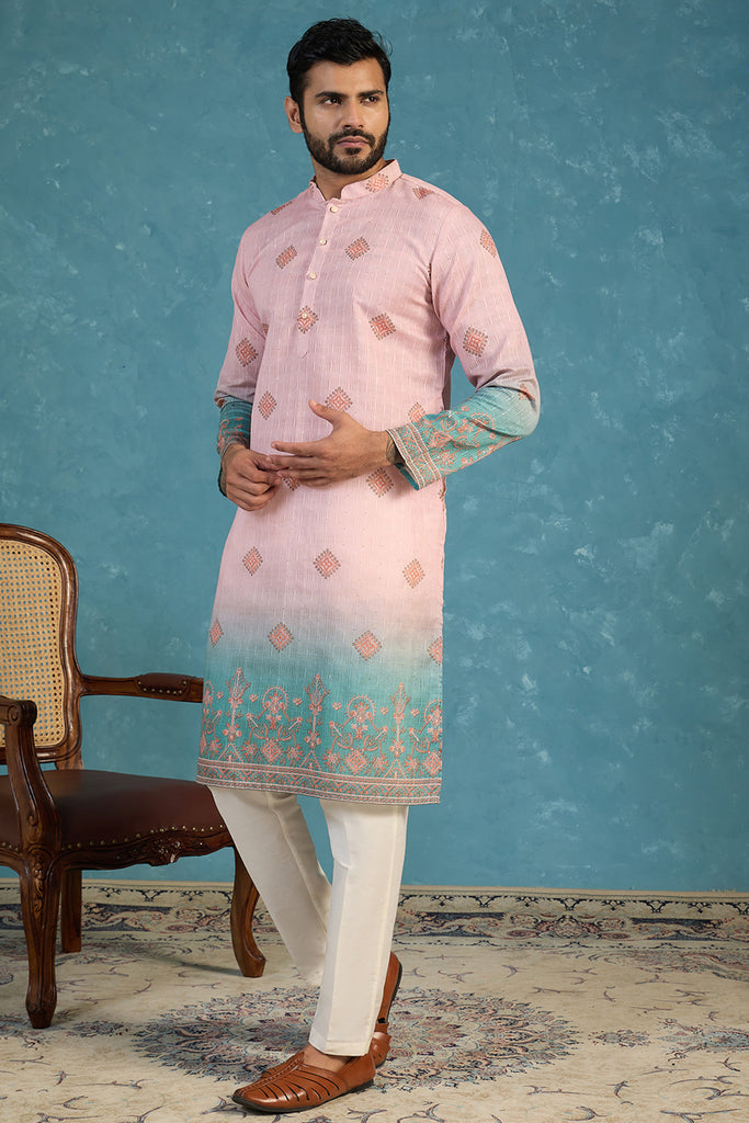 Peach Silk Blend Woven Design Calf Length Straight Regular Kurta MKU2348