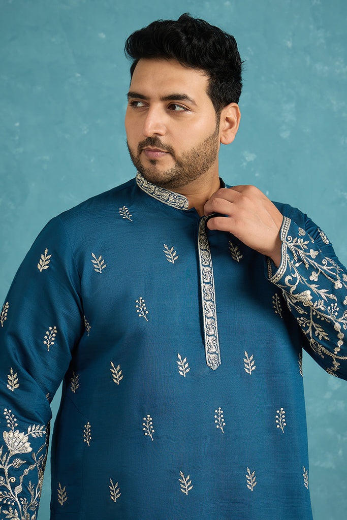 Blue Silk Blend Solid Thread Work Embroidered Kurta MKU1315