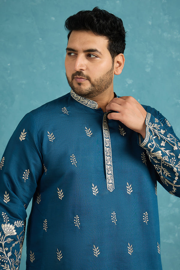 Blue Silk Blend Solid Thread Work Embroidered Kurta MKU1315