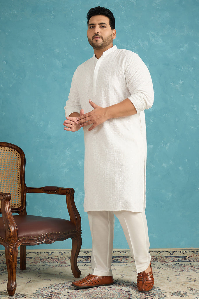 White Viscose Rayon Solid Chikankari Embroidered Kurta MKU1140