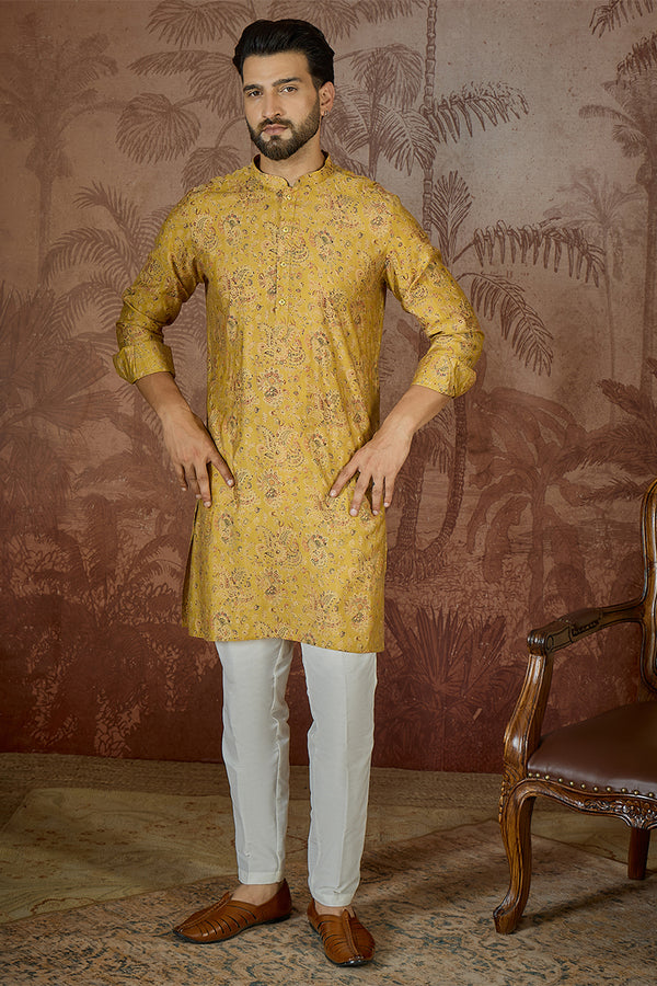 Mustard Silk Blend Ethnic Motifs Printed Kurta MKU2559