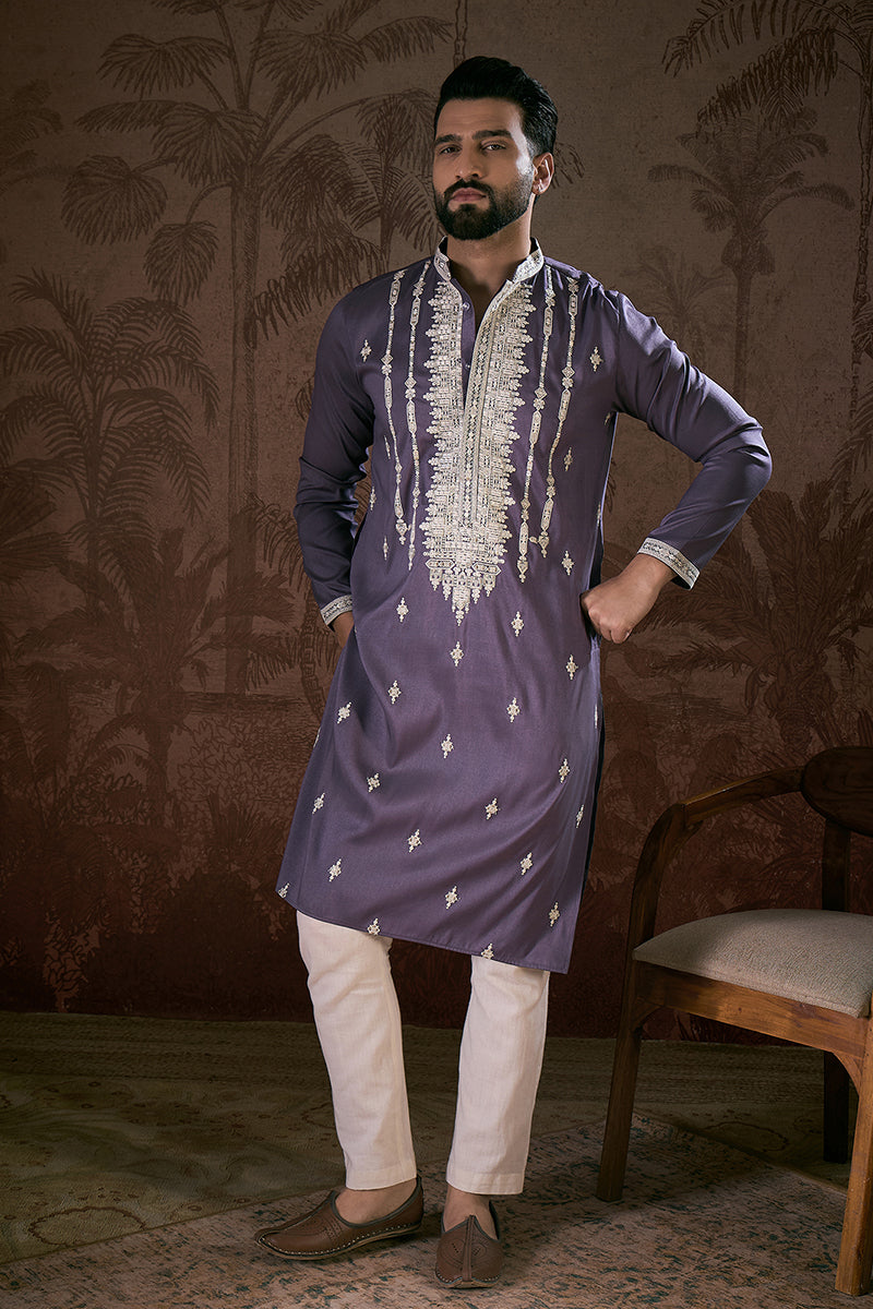 Lavender Silk Blend Solid Embroidered Straight Kurta MKU1792