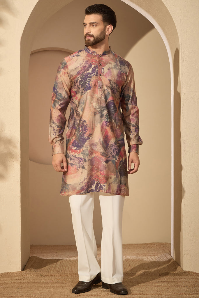 Multi Silk Blend Abstract Printed Mandarin Collar Kurta MKU2621