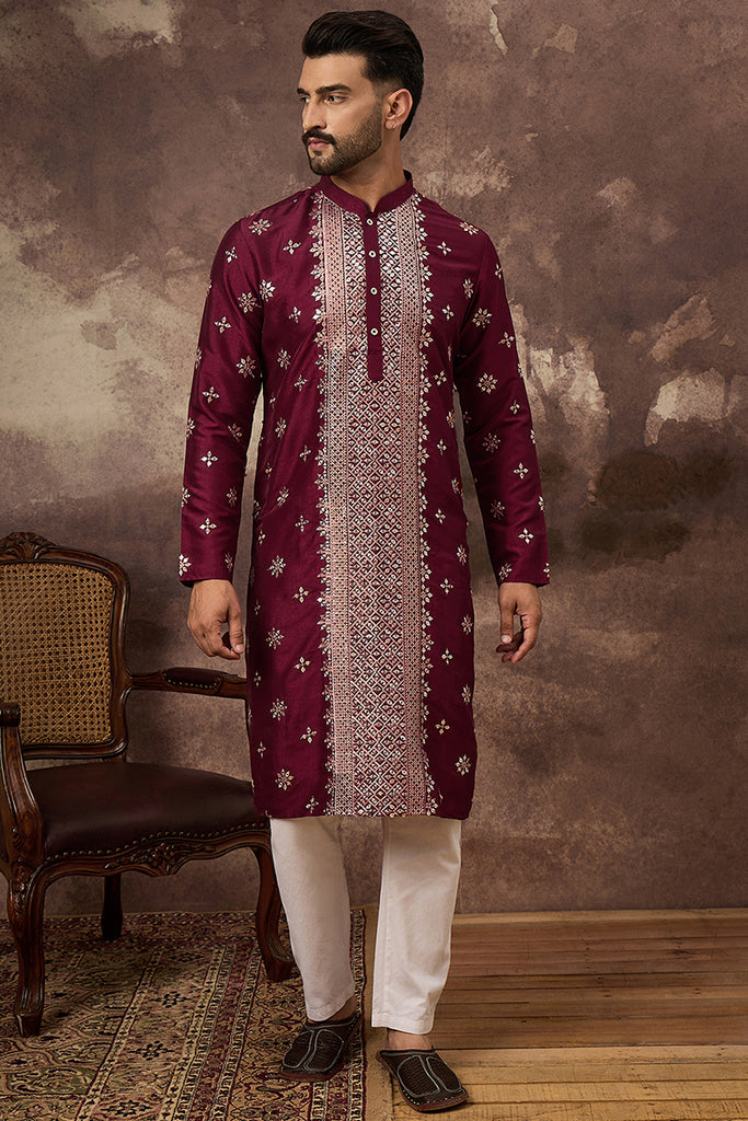 Maroon Silk Blend Solid Embroidered Straight Kurta With Pant Set MKSET1369