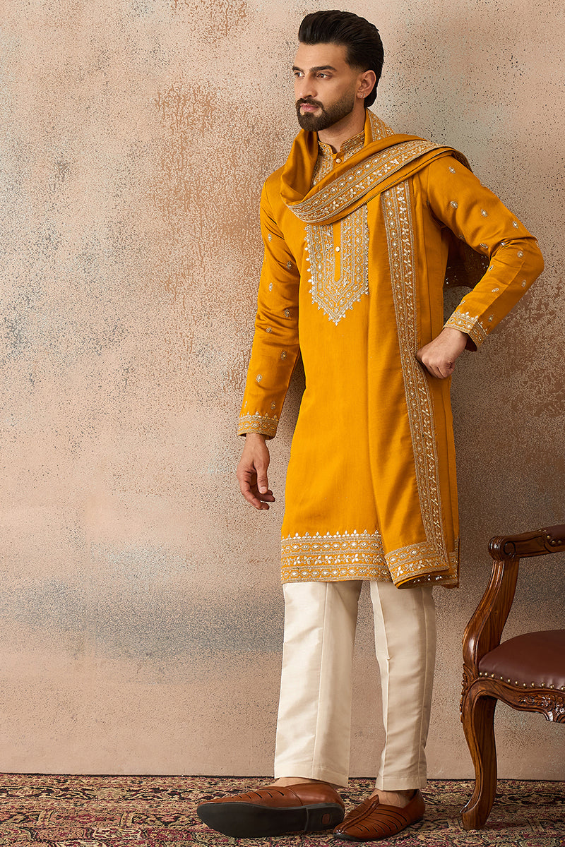 Mustard Silk Blend Solid Embroidered Kurta With Dupatta MKUD1029
