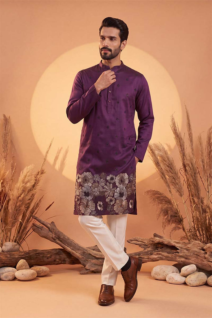 Violet Silk Blend Solid Embroidered Kurta With Trousers MKSET2104