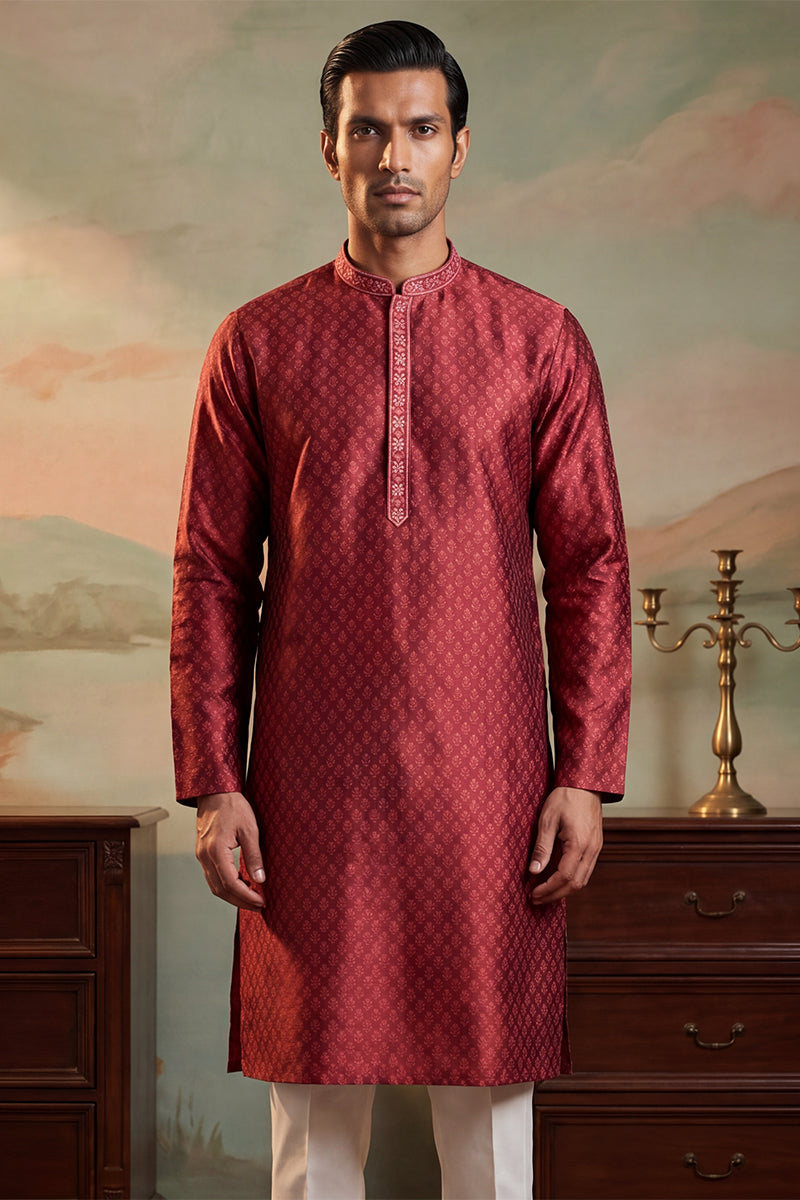 Maroon Jacquard Woven Design Straight Kurta With Trouser MKSET2342