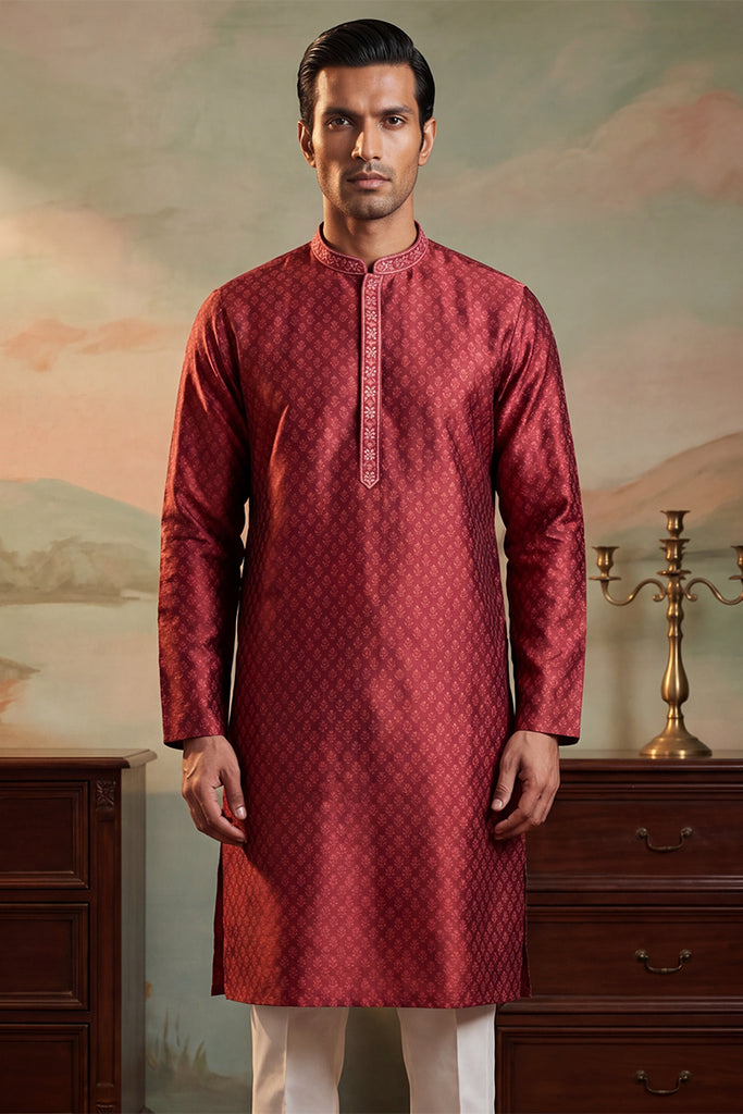 Maroon Jacquard Woven Design Straight Kurta With Trouser MKSET2342