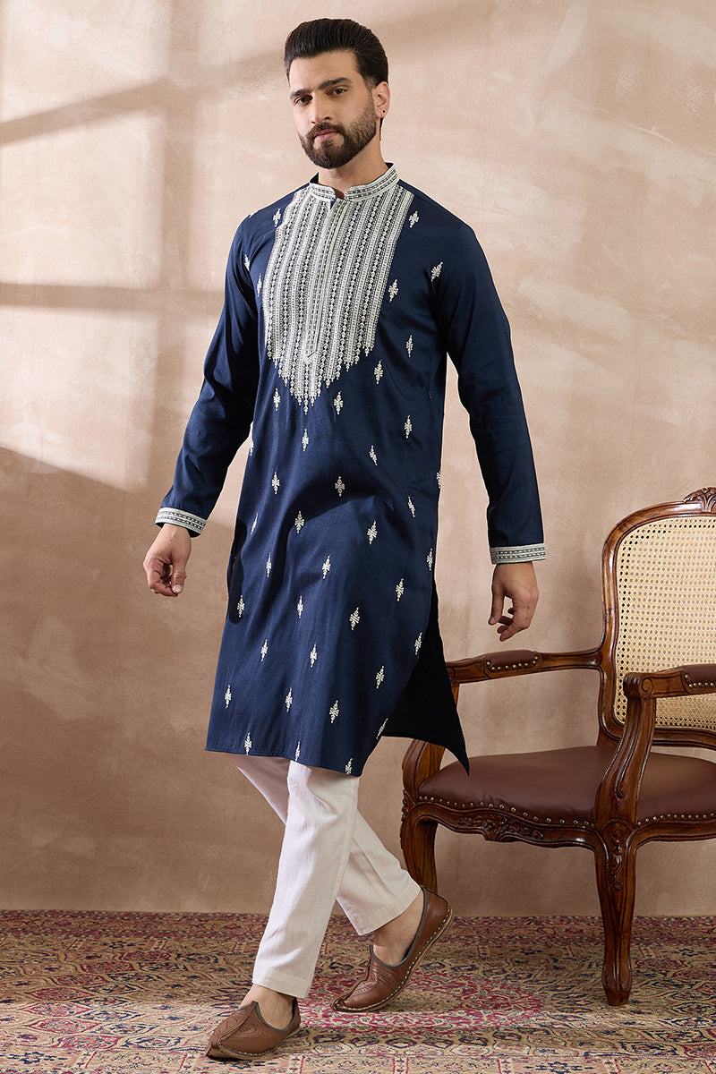 Navy Blue Silk Blend Embroidered Mandarin Collar Straight Kurta With Trouser MKSET1795