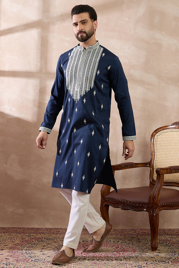 Navy Blue Silk Blend Embroidered Mandarin Collar Straight Kurta With Trouser MKSET1795