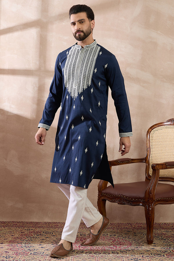 Navy Blue Silk Blend Embroidered Mandarin Collar Straight Kurta With Trouser MKSET1795