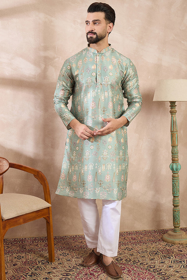 Green Silk Blend Floral Printed Straight Kurta MKU2011