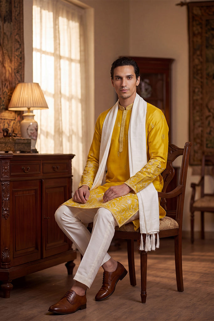 Yellow Chanderi Silk Solid Embroidered Straight Kurta Trouser with Dupatta MKPD1314