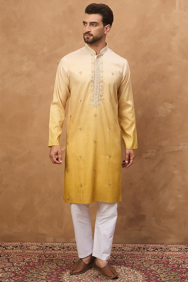 Yellow Silk Blend Solid Embroidered Straight Kurta MKU1486