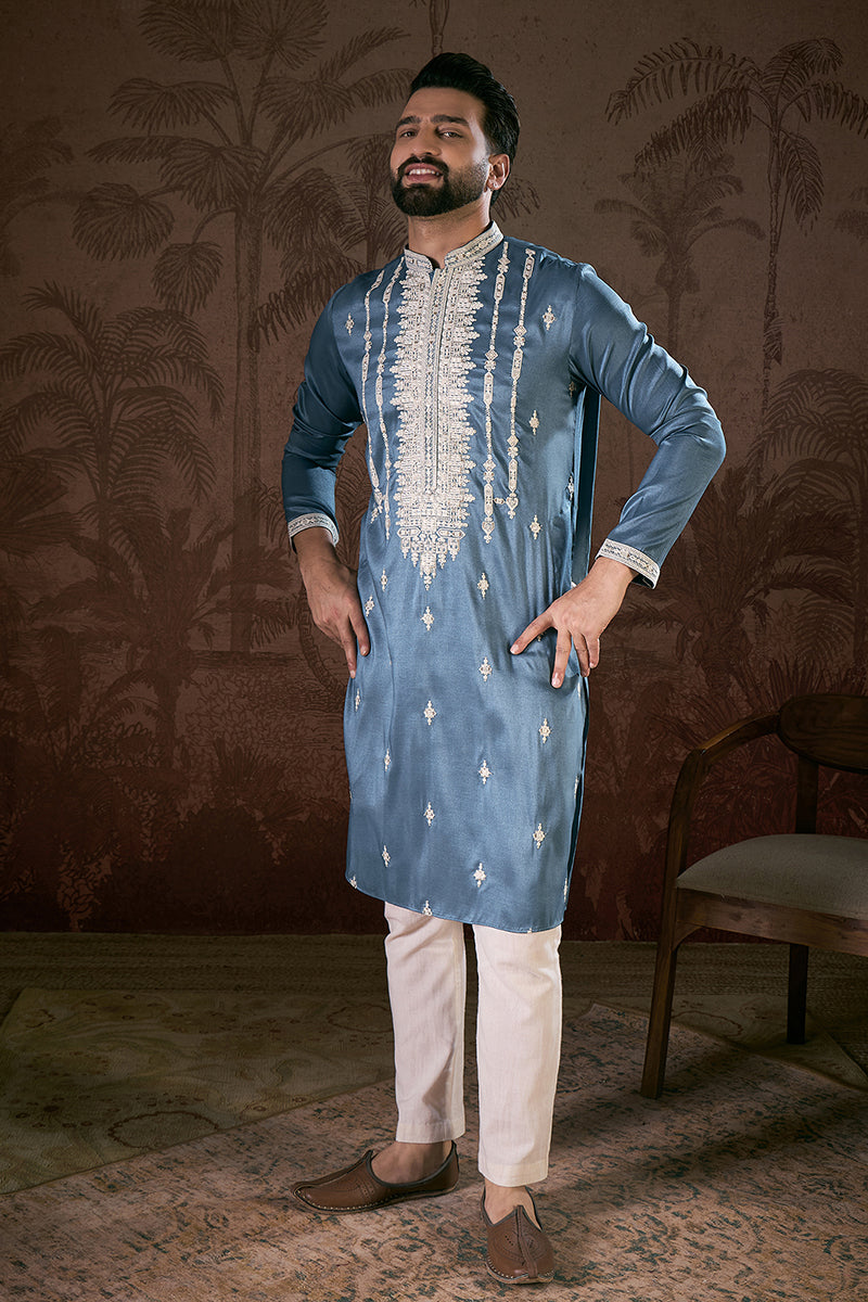 Blue Silk Blend Solid Embroidered Straight Kurta MKU1881