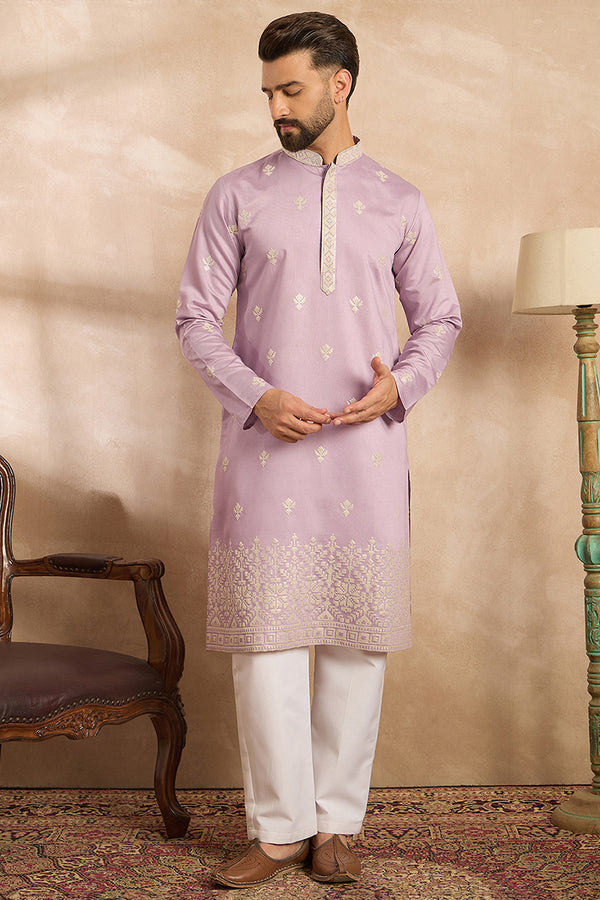 Lavender Polyester Solid Embroidered Straight Kurta With Trouser MKSET1753